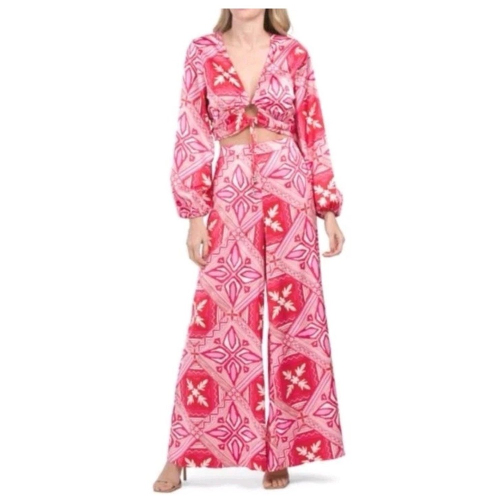 Caroline Constas Pink Abstract Satin Pants  and Cropped Top Set, Size Medium